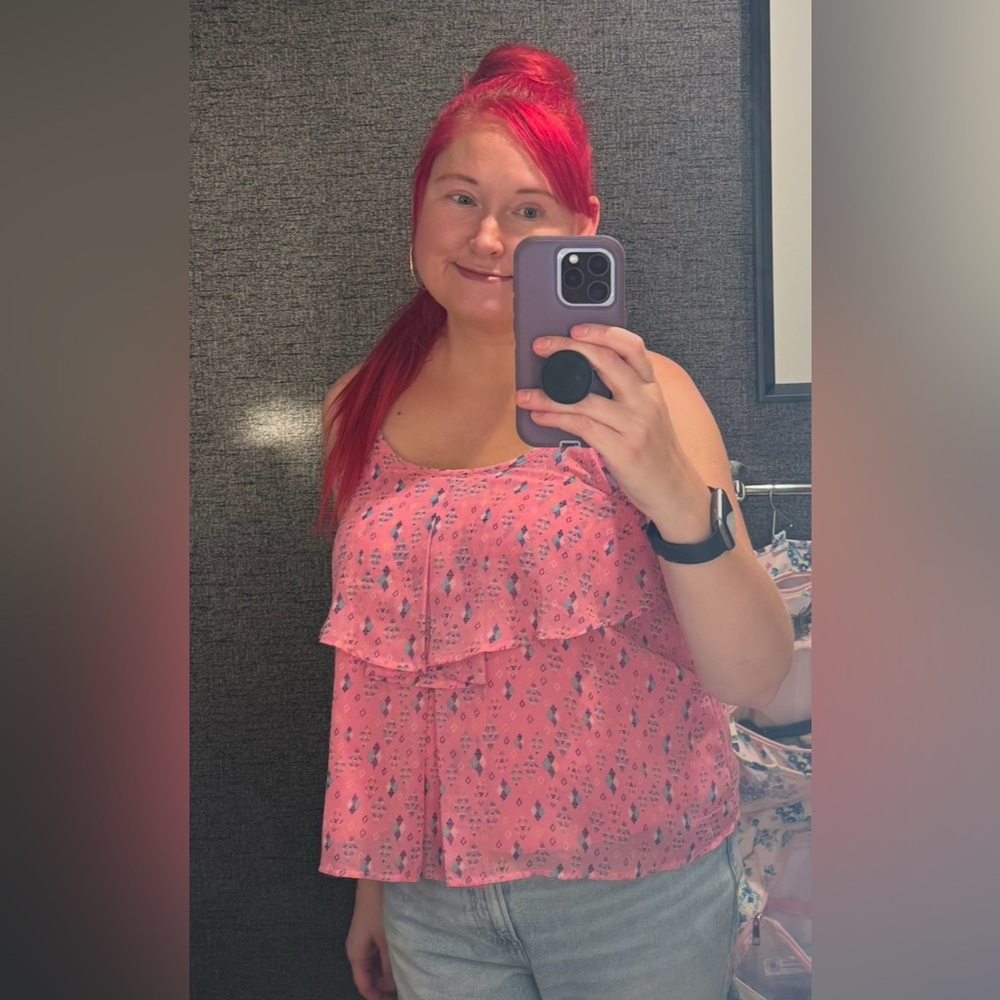 Ruffle Front Tank Top XL Flowy Urban Western Pink Geometric Print Cami Sexy G21